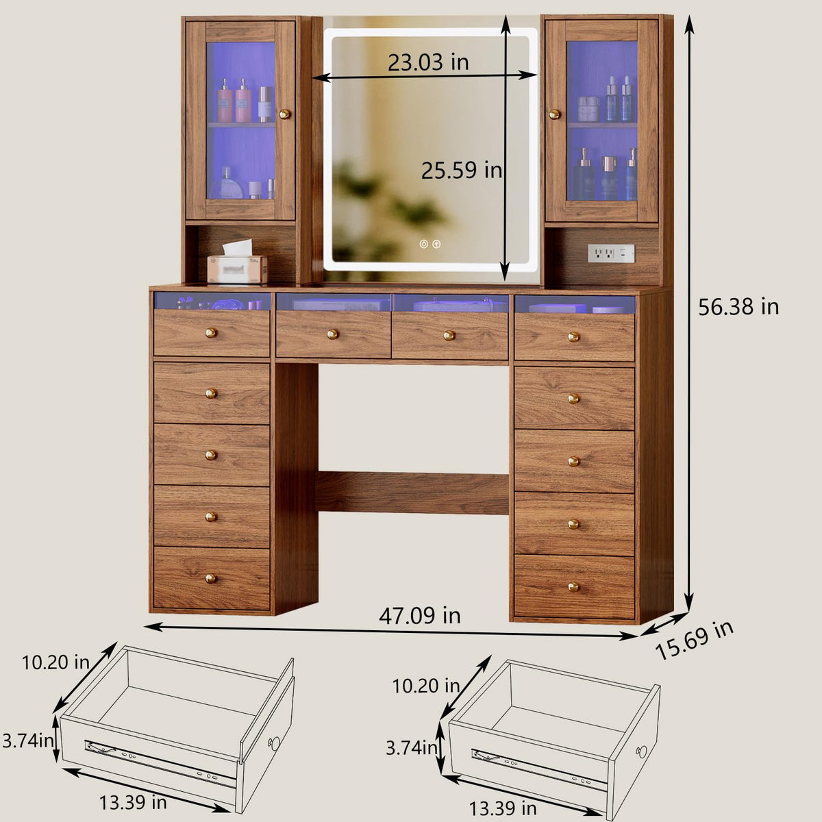 Chrangmay 47" Big Modern Vanity Desk with Mirror and Lights,Makeup Vanity Desk with 12 Drawers and Two PGB Storage cabinets & Power Outlet, Dressing Table with Glass Top, Walnut