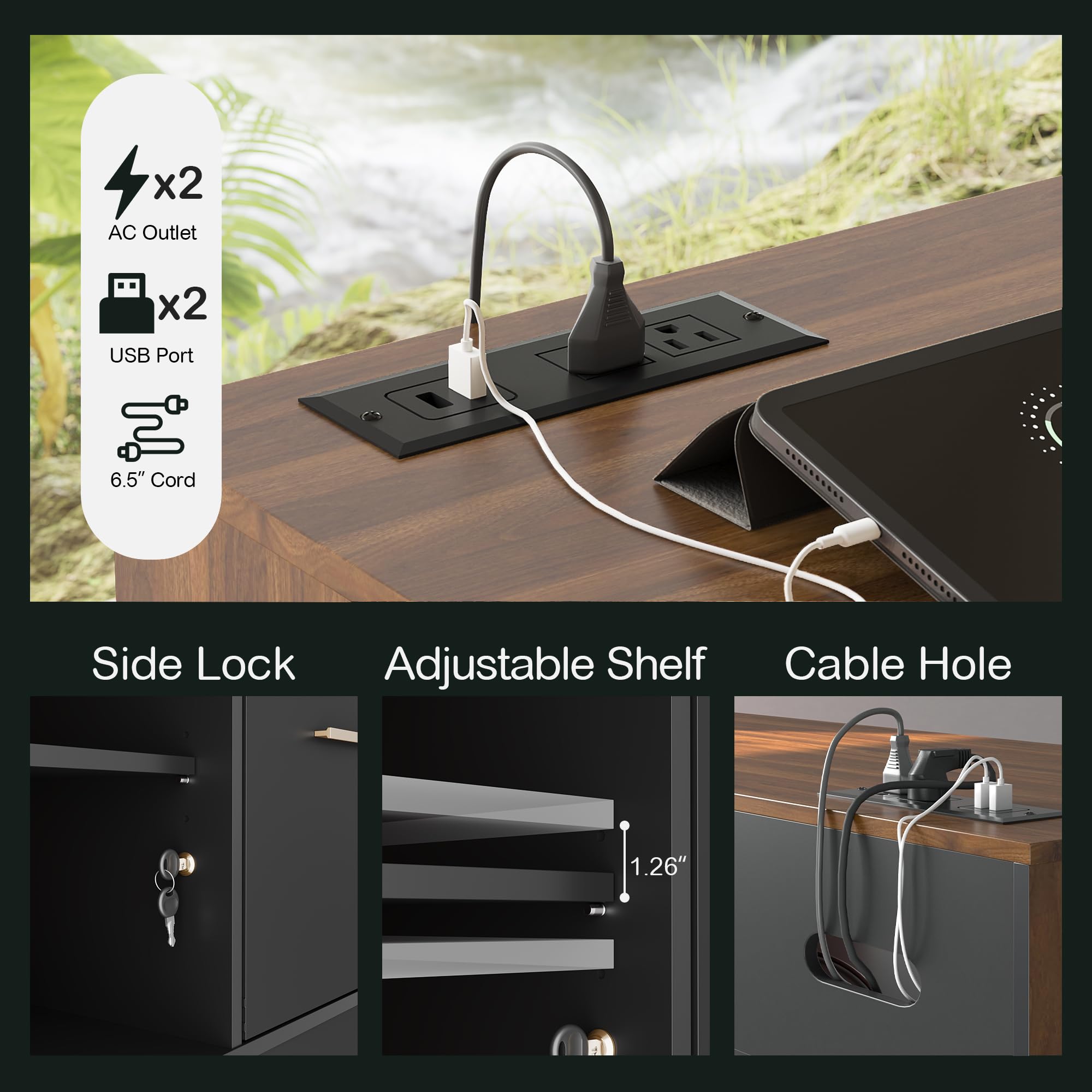 4-Drawer Wood File Cabinet with Lock & Power Strip