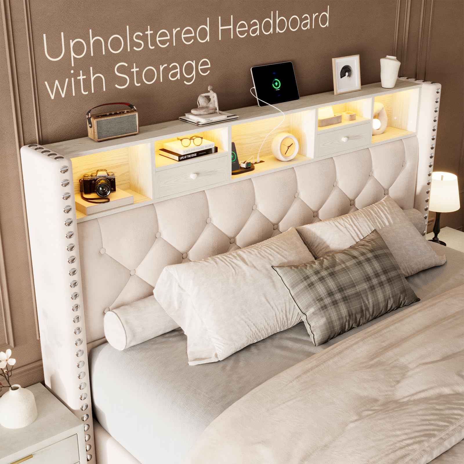 Upholstered Wingback Bed Frame with Storage & LED