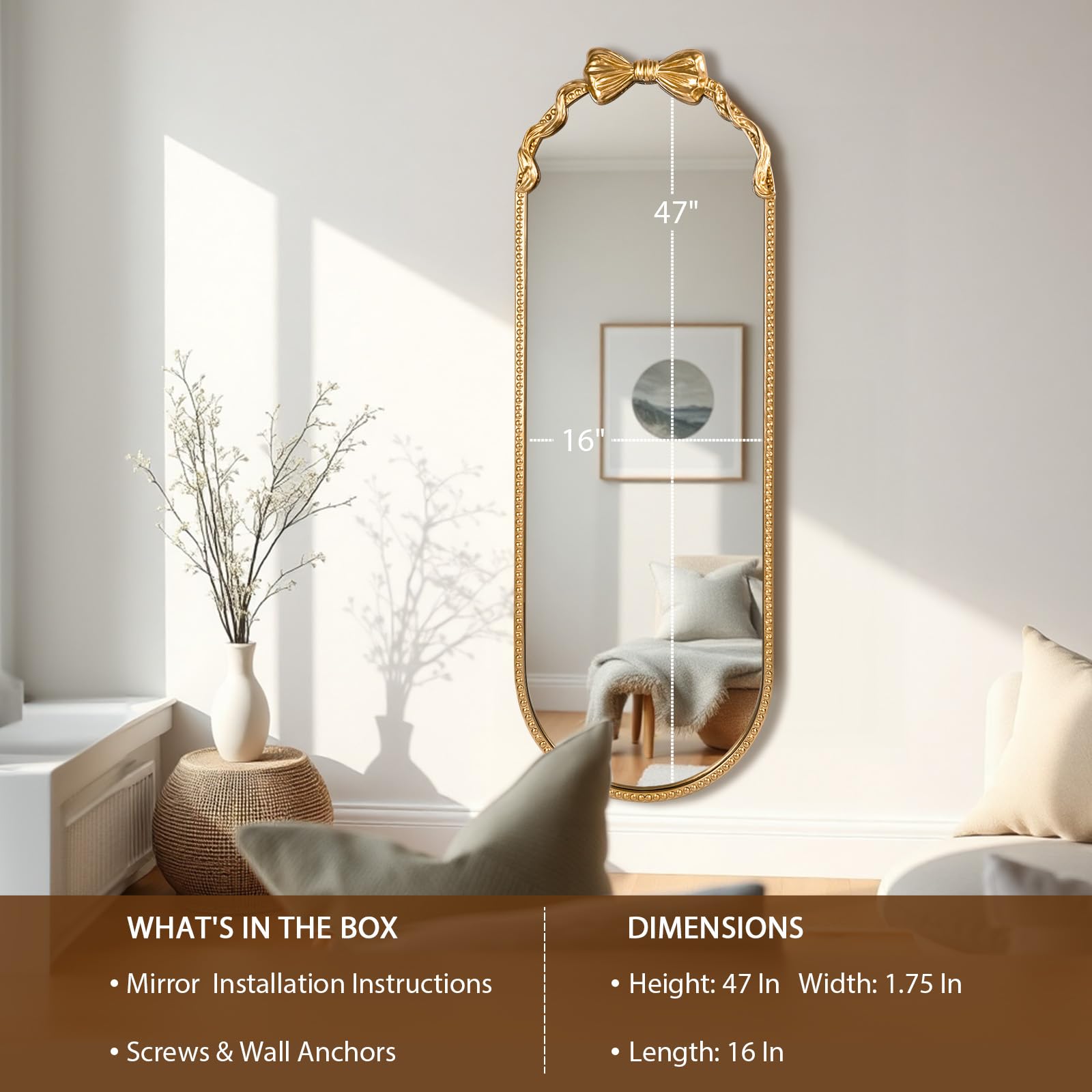 Fobule Oval Full Length Mirror, 16"x47" Gold Bow Metal Beaded Frame Large Hanging Dressing Floor Mirror for Bedroom, Living Room, Entryway