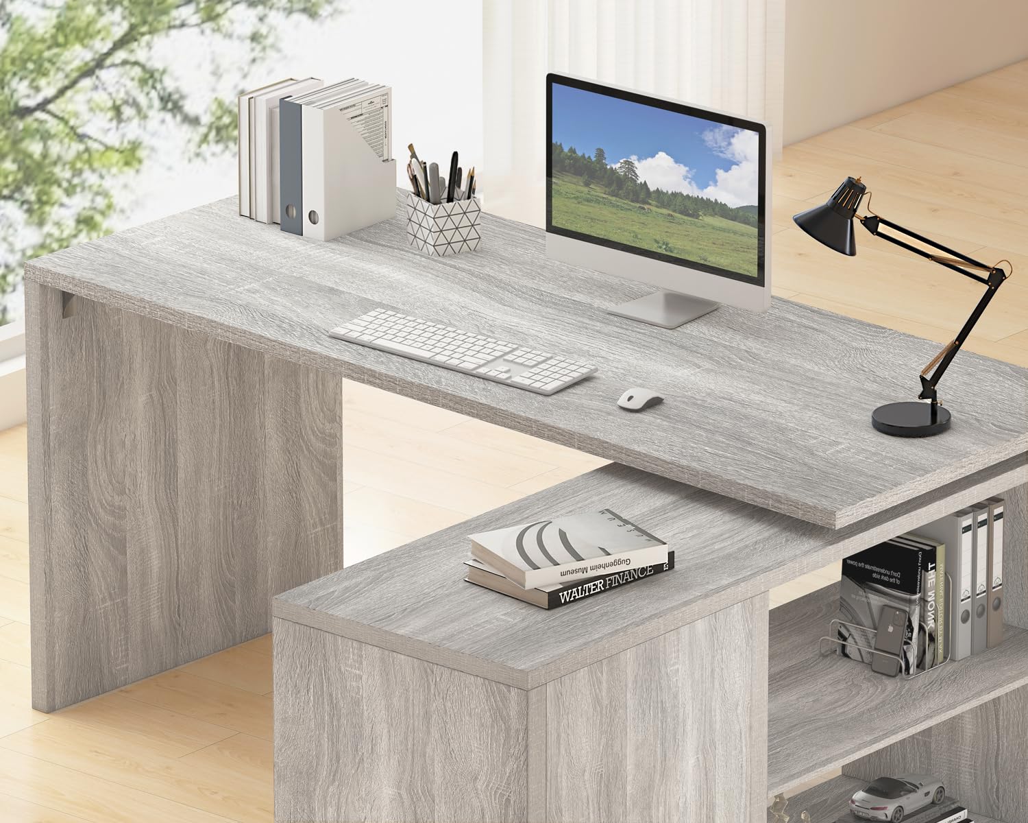 L-Shaped Corner Desk with Storage Shelves & Cabinet