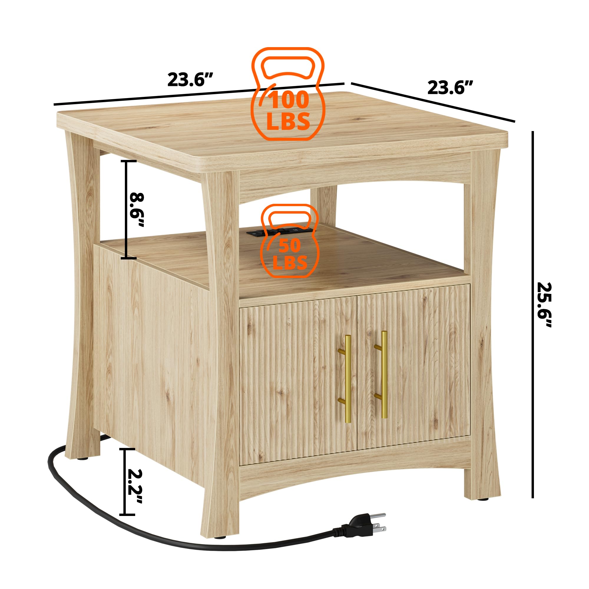 LIKIMIO Nightstand with Charging Station, Wood Night Stand, 23.6inch Large Bedside Table with Storage, End Table for Bedroom, Oak