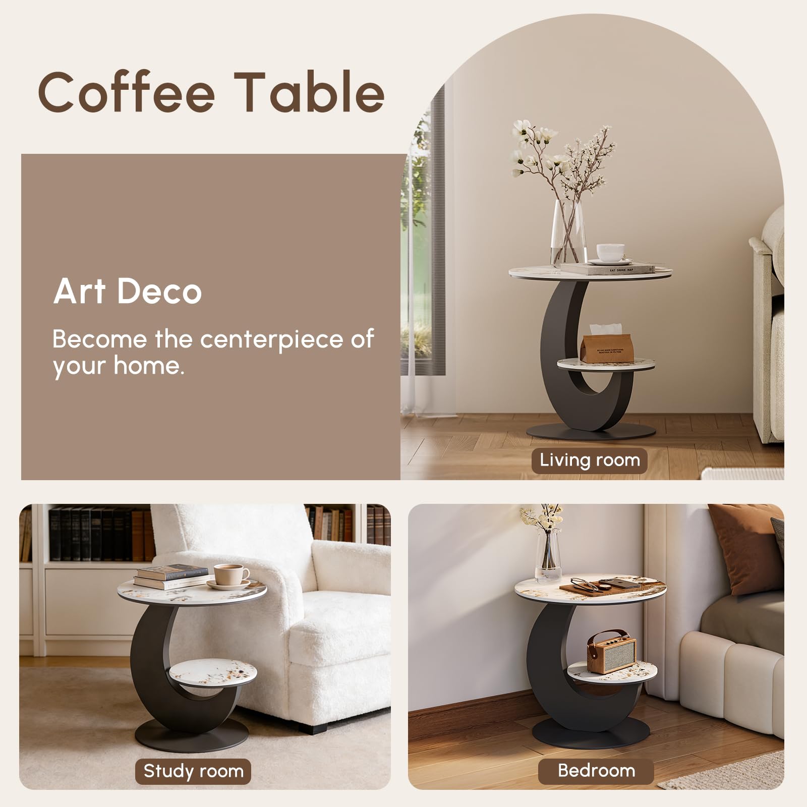 LOVEDIMA Modern Round End Table Faux Marble 2 Tiers Accent Side Table with Storage Shelf Snack Table Sofa Table for Couch Living Room (White & Gray)