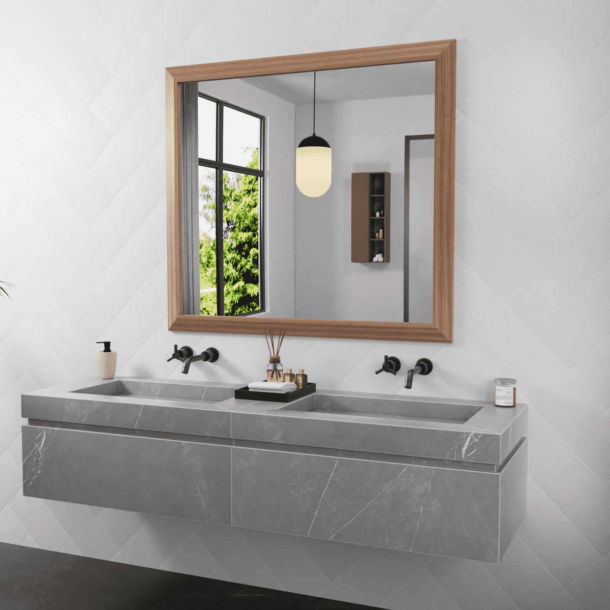 Walnut Wood-Grain Bathroom Mirror