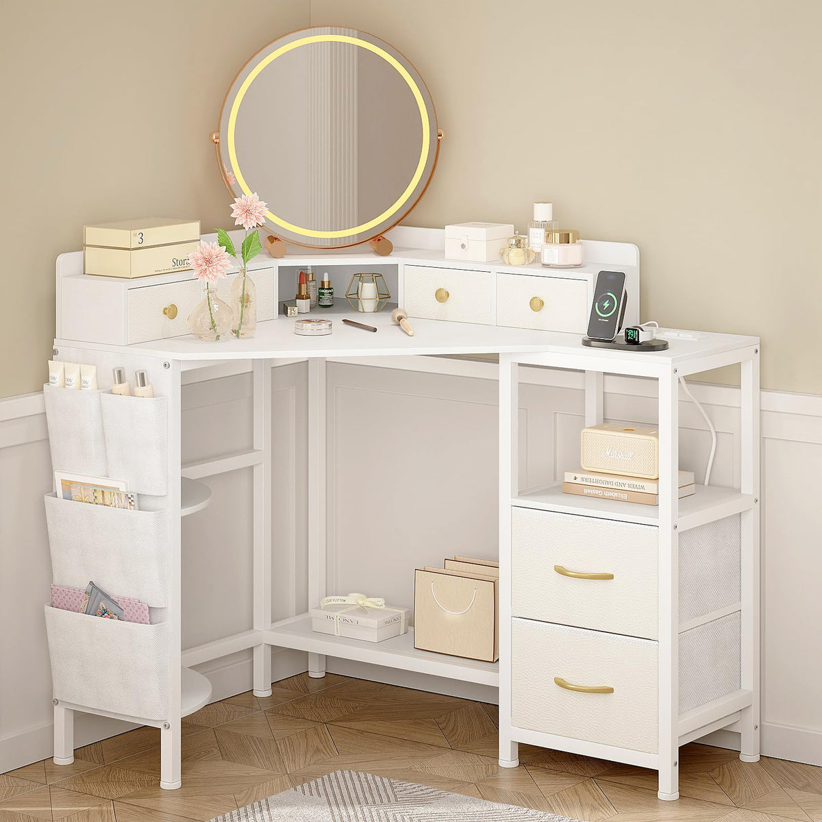 Corner Vanity Desk with Charging Station
