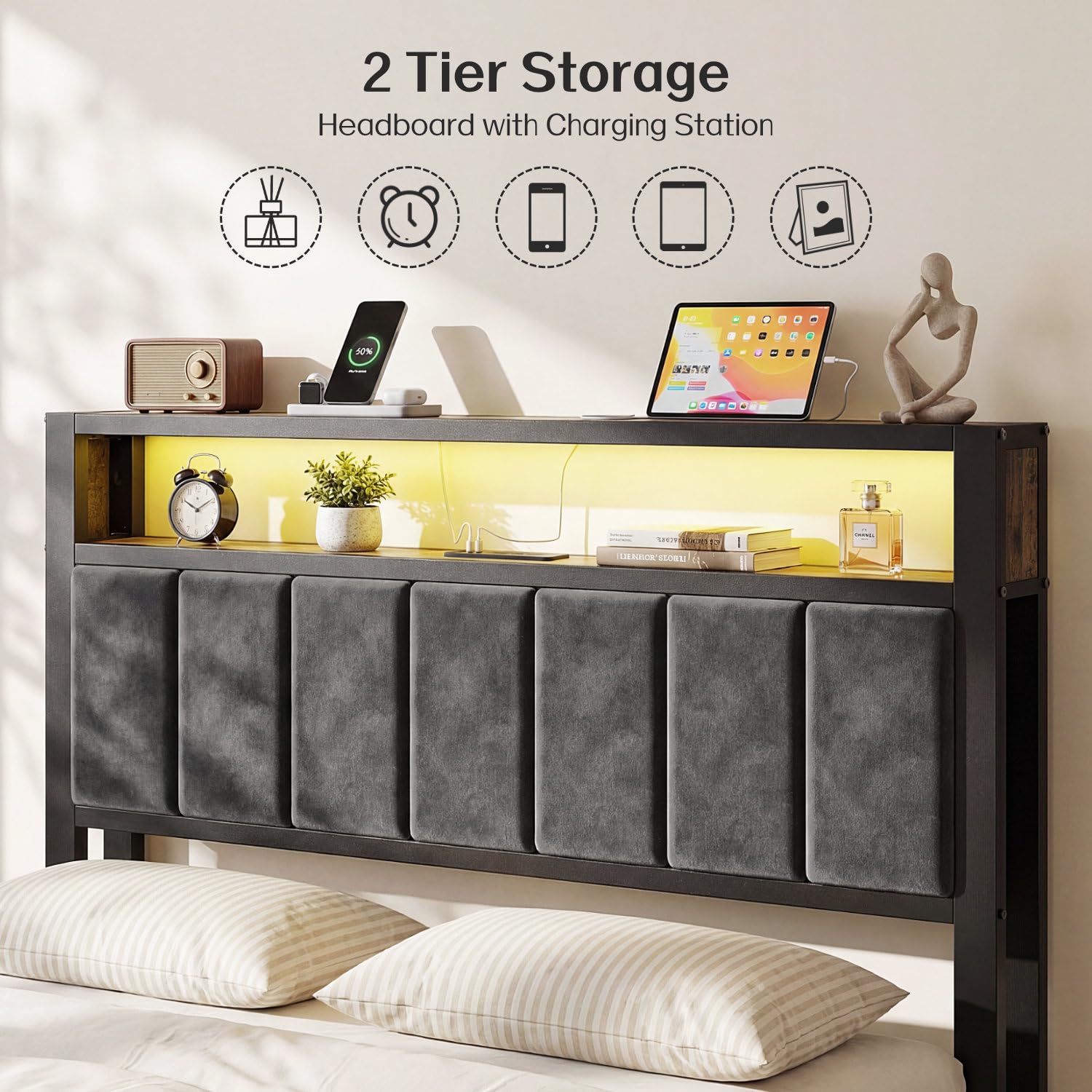Metal Platform Bed Frame with LED Headboard & Charging Station