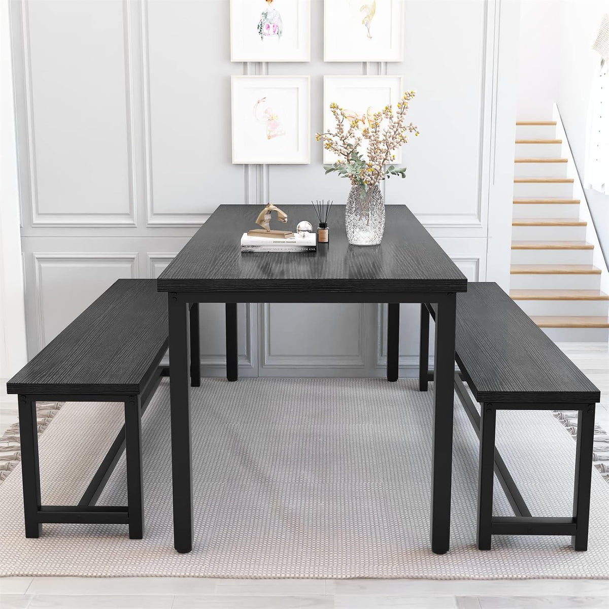 Recaceik 47" Black Dining Table Set for 4, 3-Piece Kitchen Set