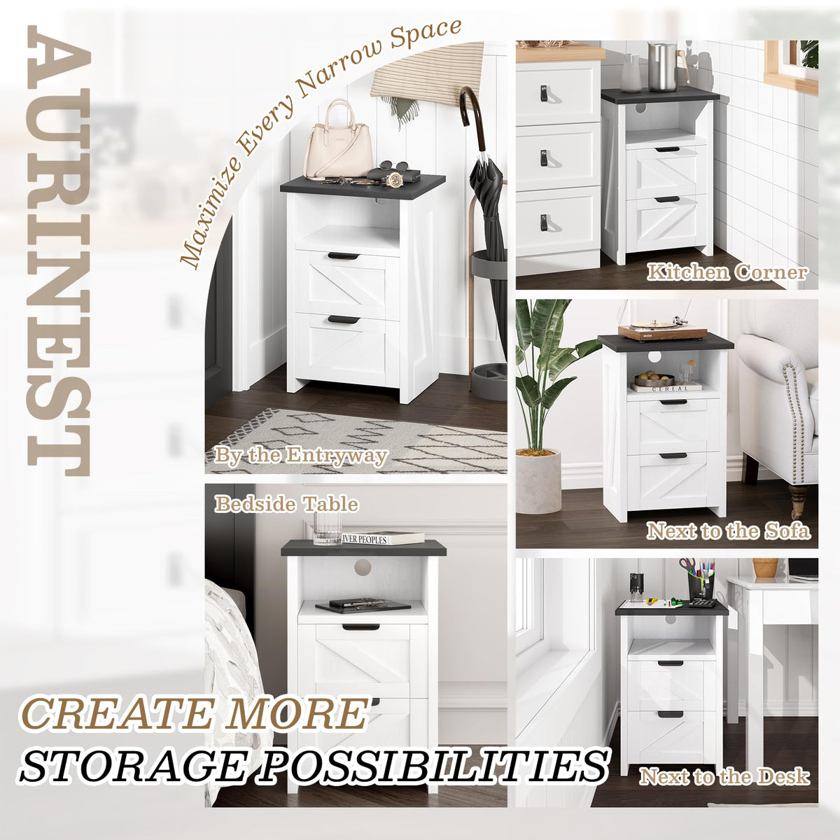 AURINEST Farmhouse Night Stand Set of 2 with Charging Station, Bedside Table w/2 Drawers & Storage, Rustic End Tables for Bedroom, Living Room, Small Spaces, Home Office, White