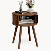Mid-Century Round Side Table with Sliding Door
