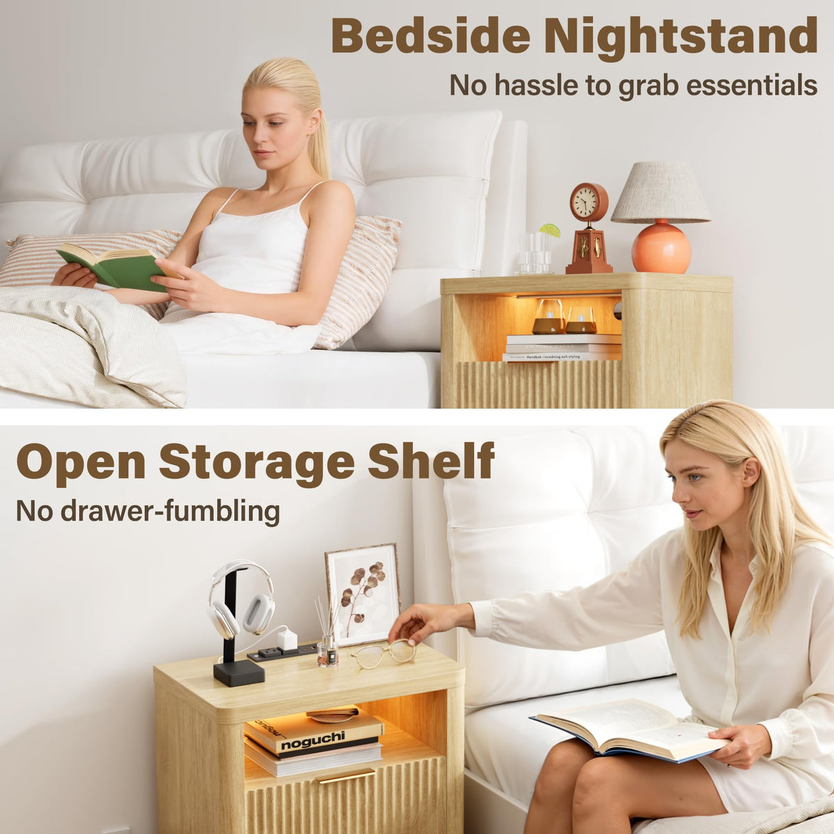 YESHOMY Fluted Nightstands Set of 2 with Charging Station, Natural Wood