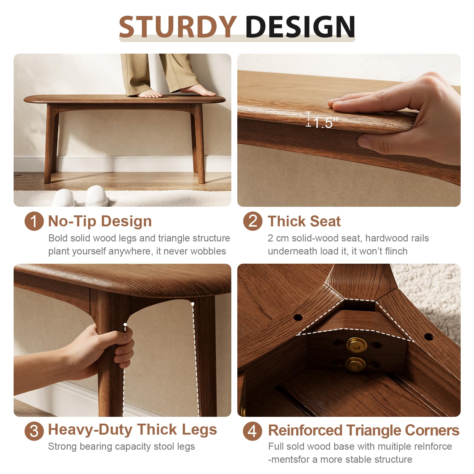 DONGMUWUEJEE 100% Solid Wood Dining Bench, Wood Bench for End of Bed with Rounded Corners, Entryway Benches for Farmhouse, Kitchen, Living Room and Plant Stand (Walnut, 39.4" D x 11.8" W x 19.7" H)