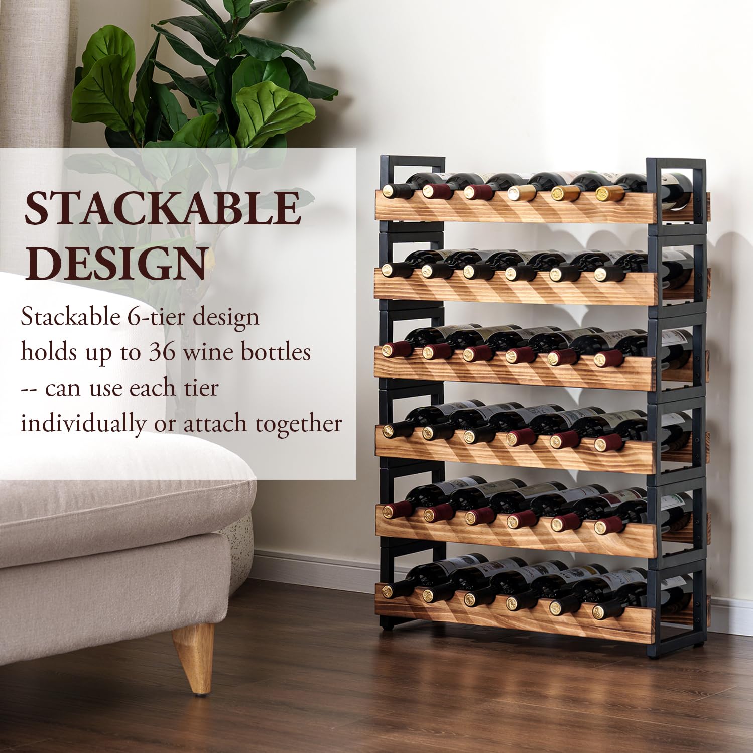 MyGift 6-Tier Wine Rack for 36 Bottles – Freestanding Industrial Wine Bottle Holder with Burnt Wood Shelves & Black Metal Frame – Large Horizontal Storage Stand for Home Bar, Kitchen, Cellar