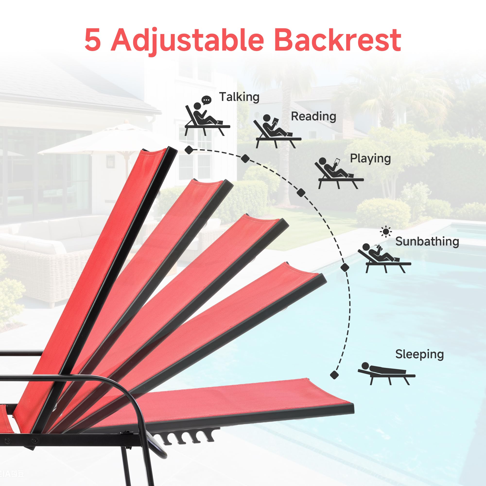 Outdoor Chaise Lounge Chair with 5-Position Recliner