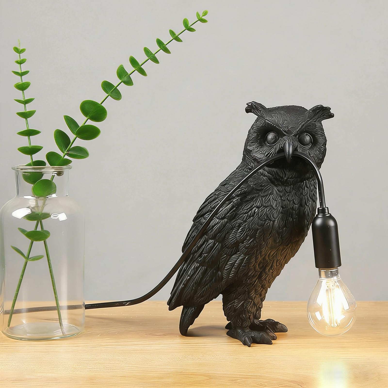 RUIQBMAY Resin Owl Table Lamp Themed Animal Desk Lamp Art Bird Night Light Lamp for Bedside,Living Room,Office Decor,AC 110V (Black Owl Lamp)