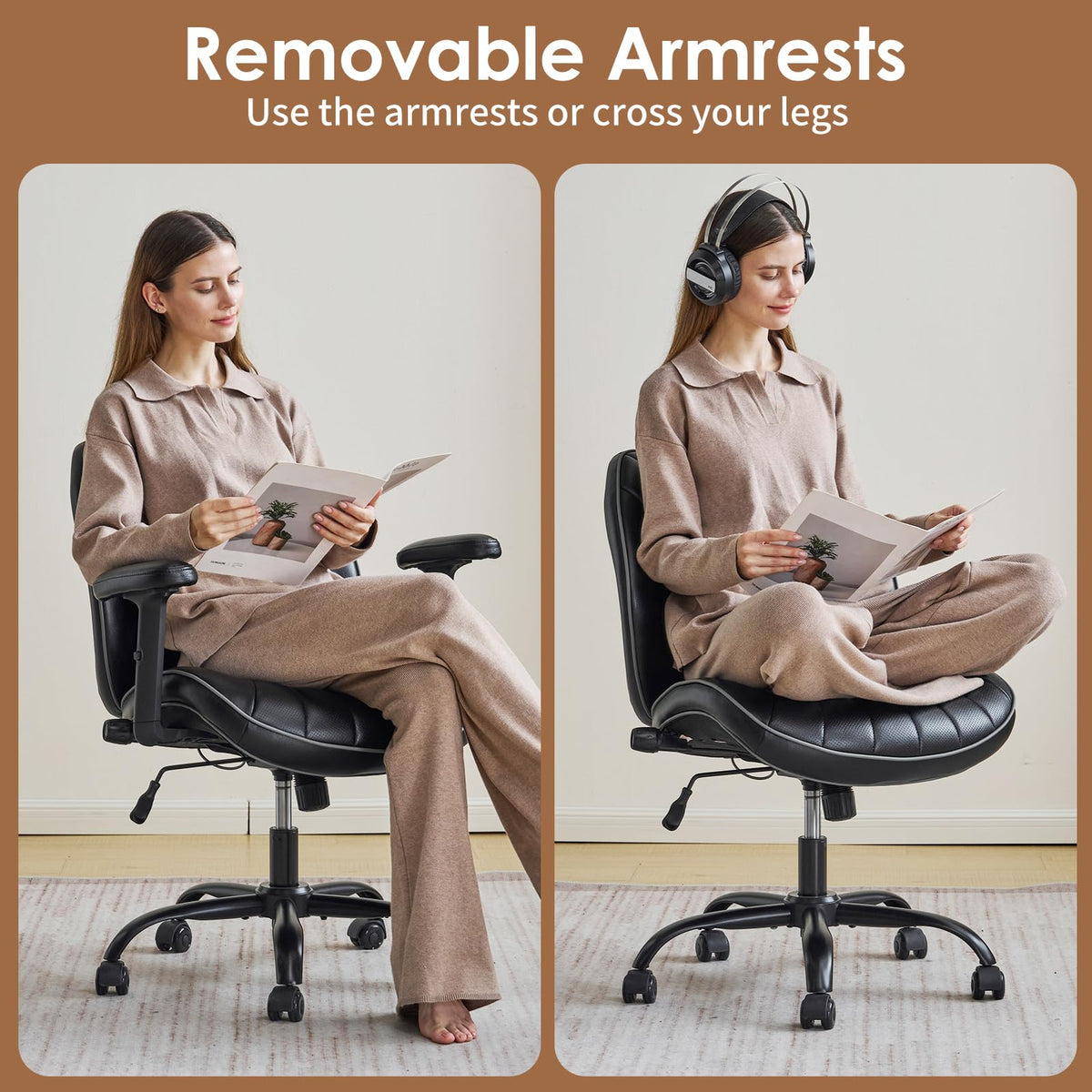 YFO Home Office Desk Chair, Adjustable Armrests PU Ergonomic Chair, Black