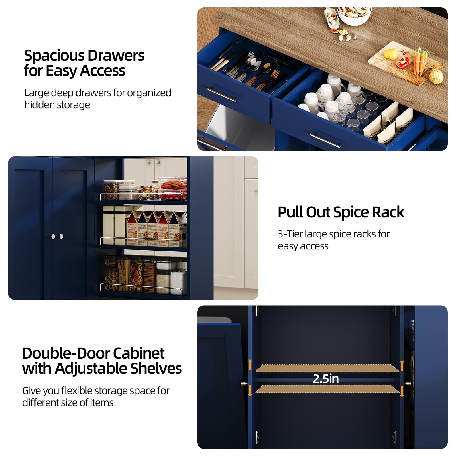 4 EVER WINNER 53" Rolling Kitchen Island with Trash can Storage, Kitchen Island Cart with 3-Tier Spice Rack, Island Table for Kitchen with Adjustable Shelves, Blue