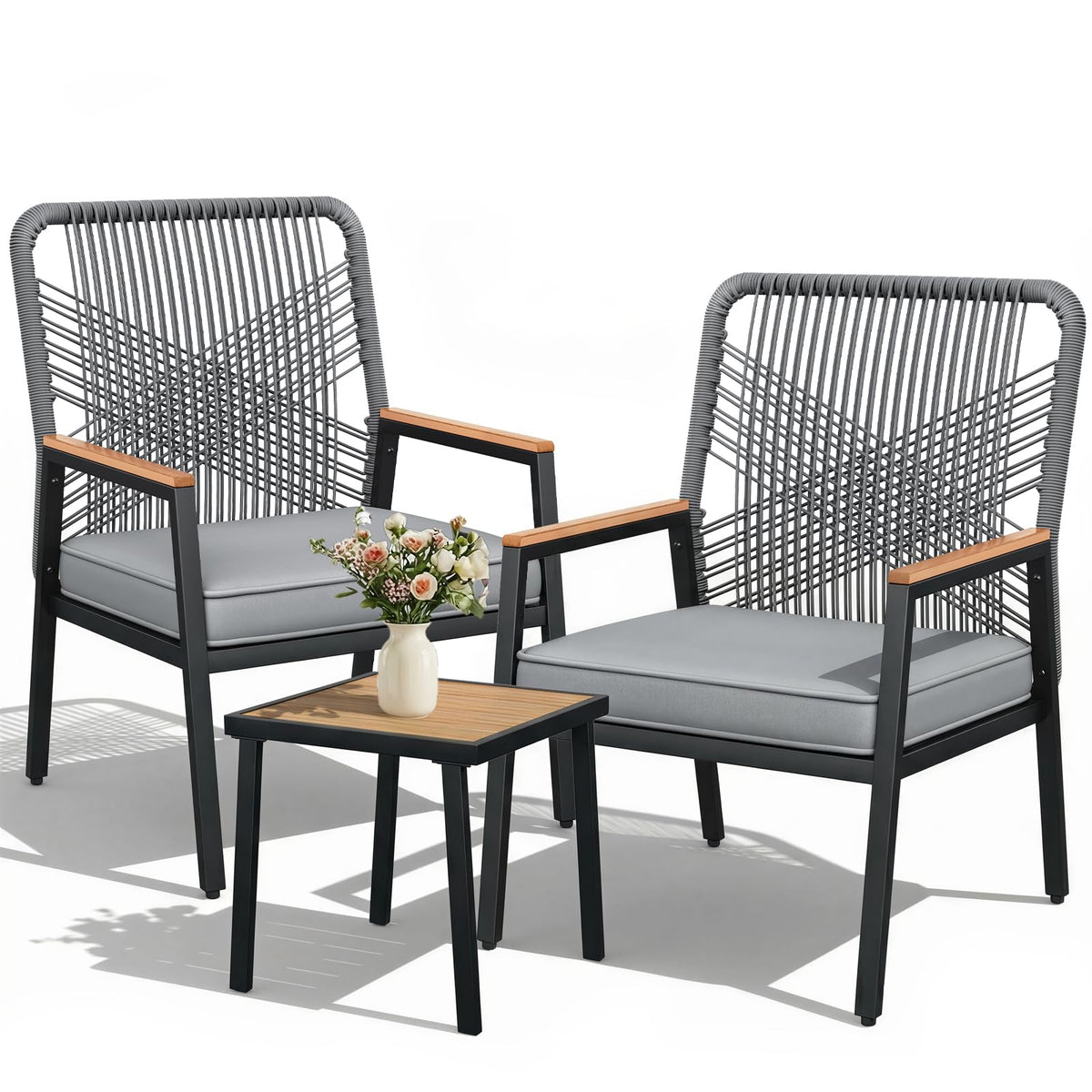 LIFERUN 3-Piece Rattan Patio Set with 2 Chairs and Table, Gray