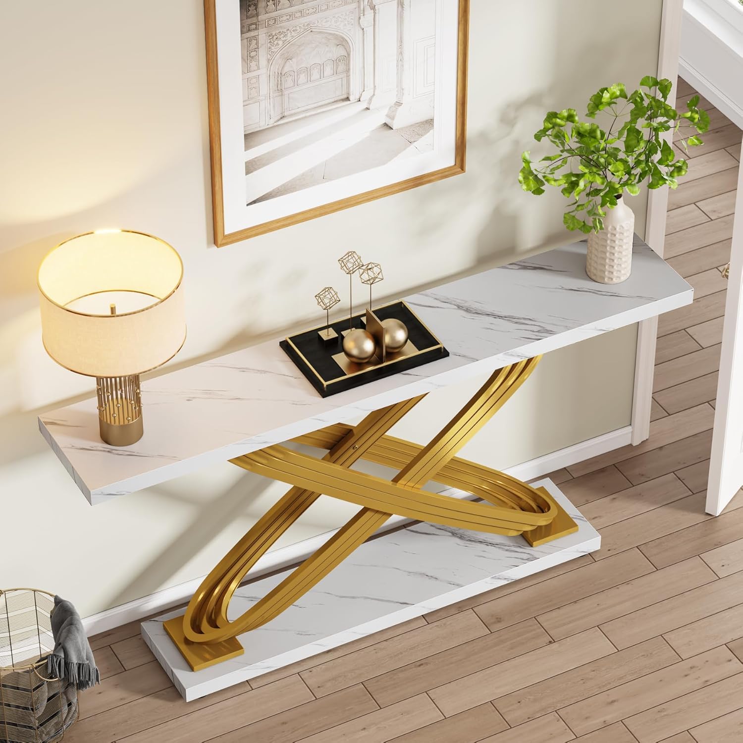Tribesigns 55 Inch Modern Console Table, Gold Entryway Table Behind Sofa Couch, Narrow Rectangular Sofa Table for Living Room, Bedroom, Front Hall, Hallway, Gold & White