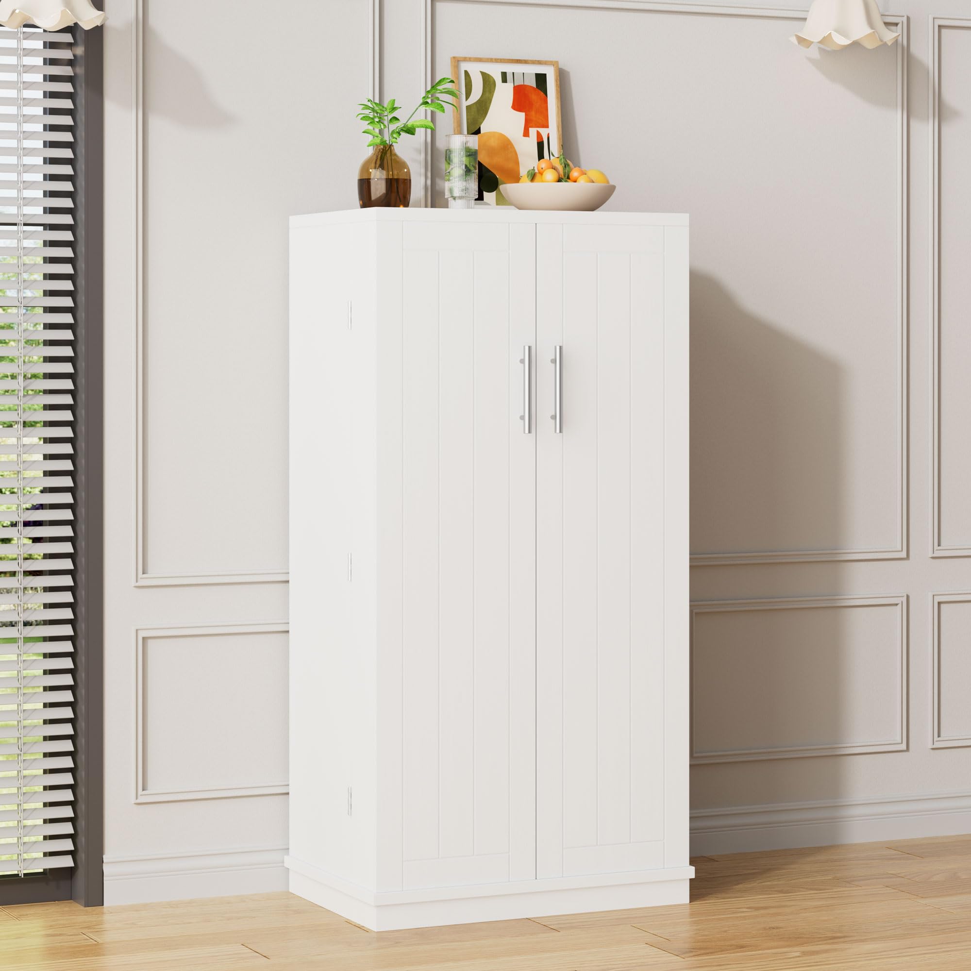 Meilocar 47in Kitchen Pantry Cabinet, Wood Kitchen Storage Pantry Cabinets Freestanding Pantries Cabinets with Doors & Adjustable Shelves, White