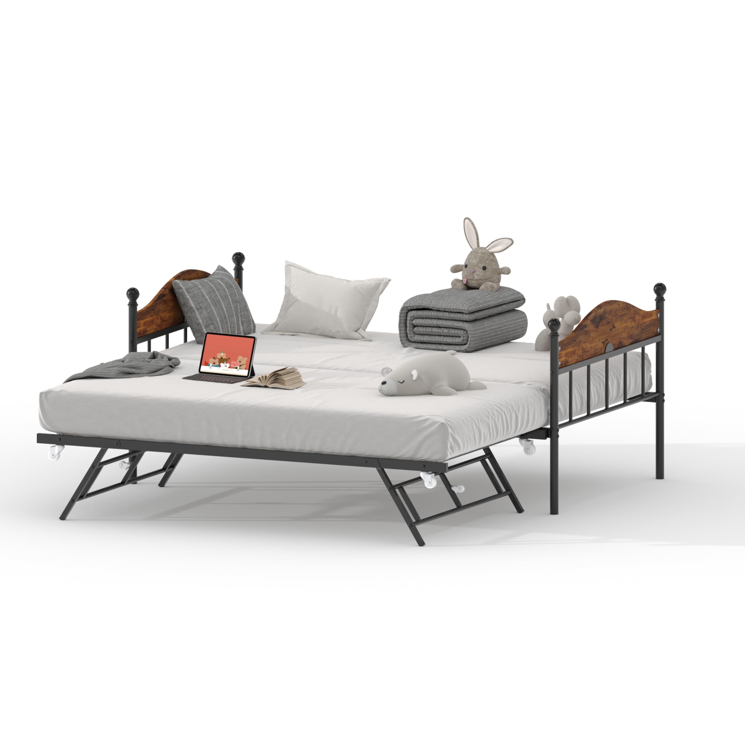 IDEALHOUSE Twin Metal Daybed with Pop-Up Trundle, Heavy Duty Steel Slats Platform Bed with Stylish Headboard, Convertible Sofa Bed Frame for Living Room, Bedroom, or Guest Room, Brown