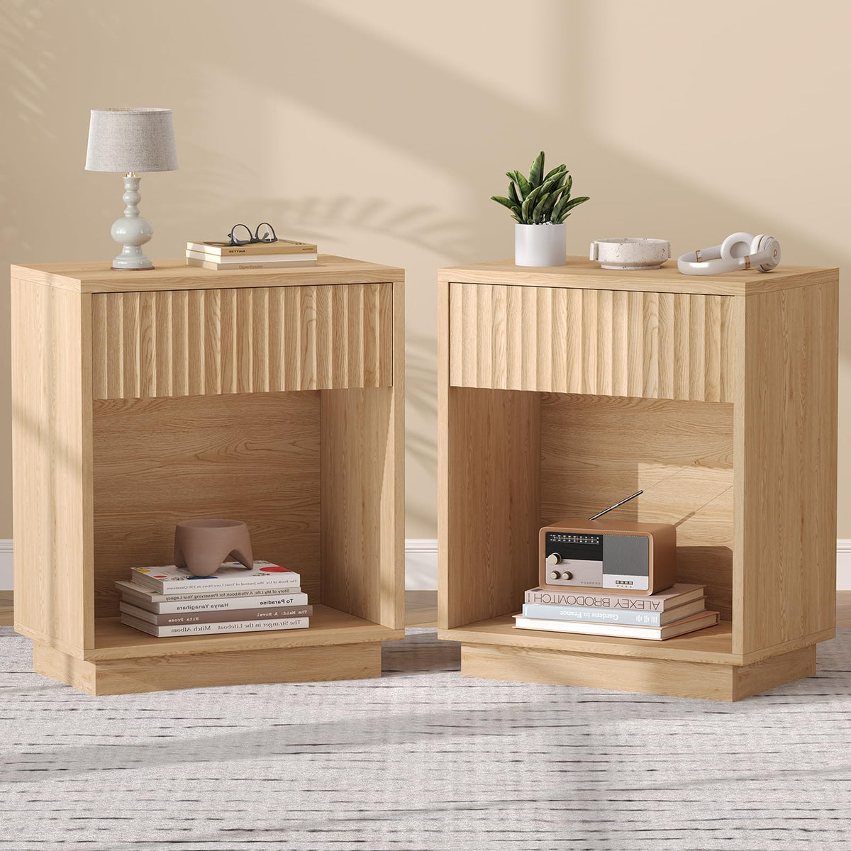 Zeibospri Fluted Nightstands Set of 2, Mid Century Bedside End Side Table