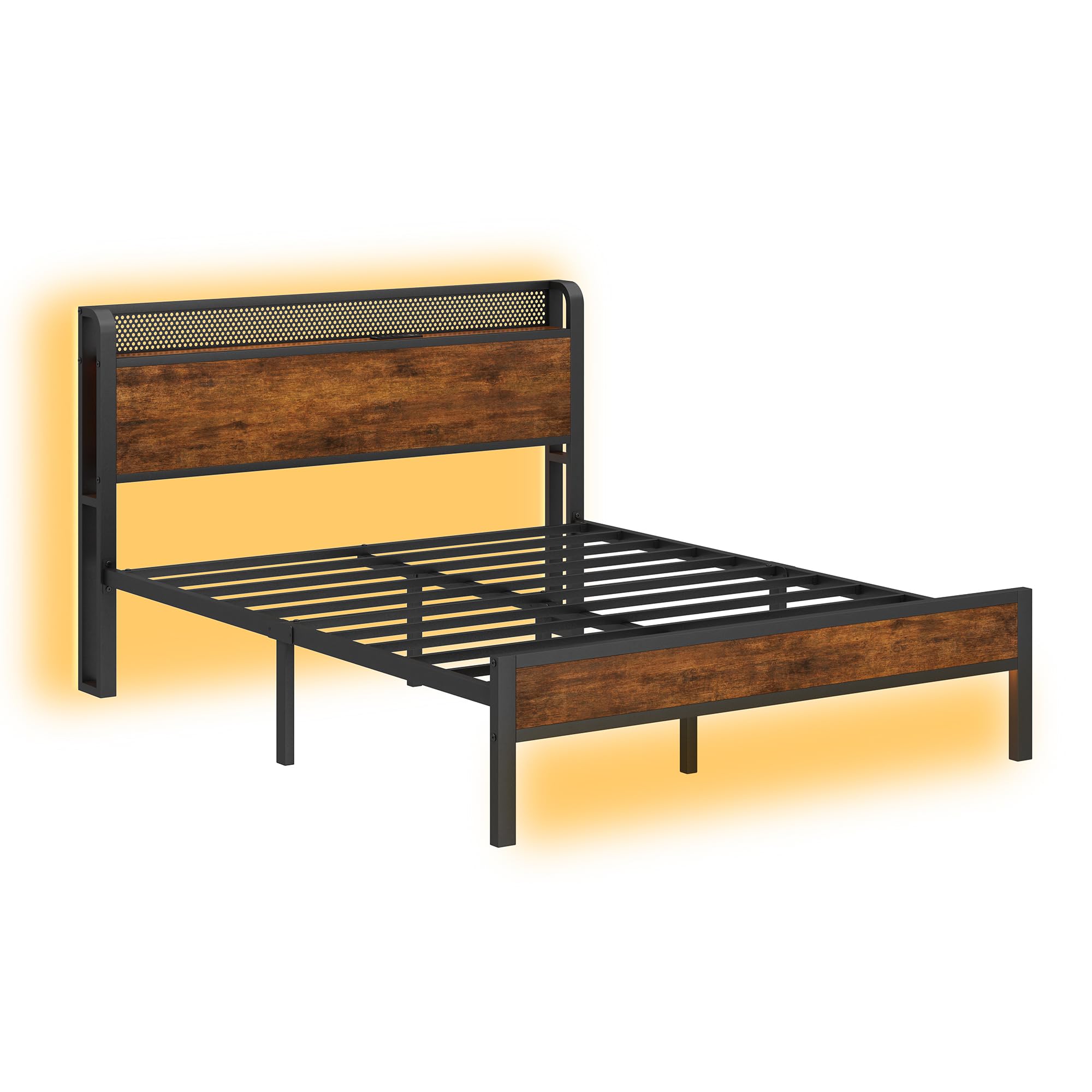 Nedenyou Full Bed Frame with Charging Station and LED Lights,Heavy Duty Platform Beds Full Size with Storage Headboard,USB Port,Rustic Wood and Strong Metal Support,No Box Spring Needed, Noise Free