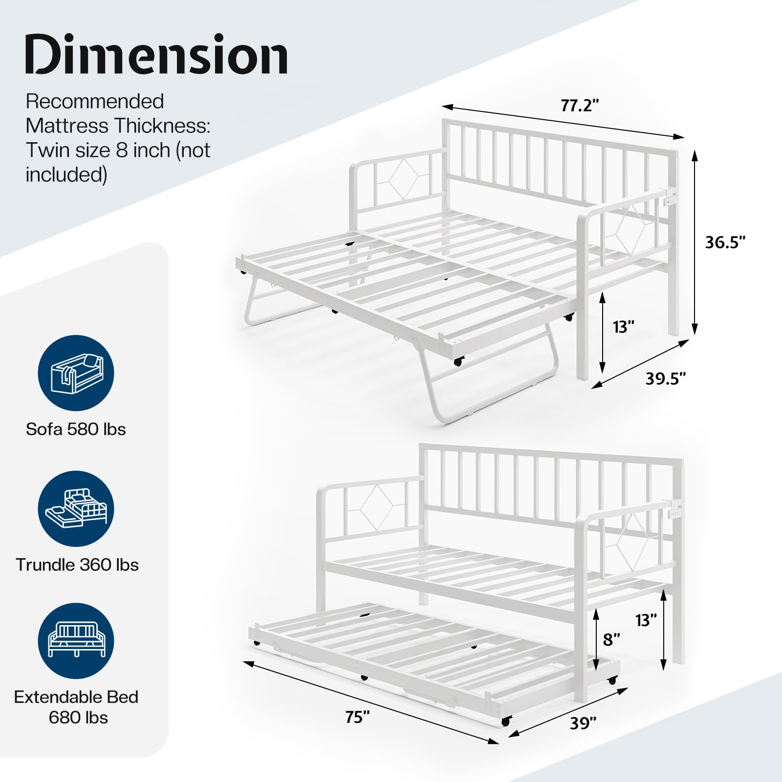 Twin Daybed with Trundle, Charging Station & LED Lights