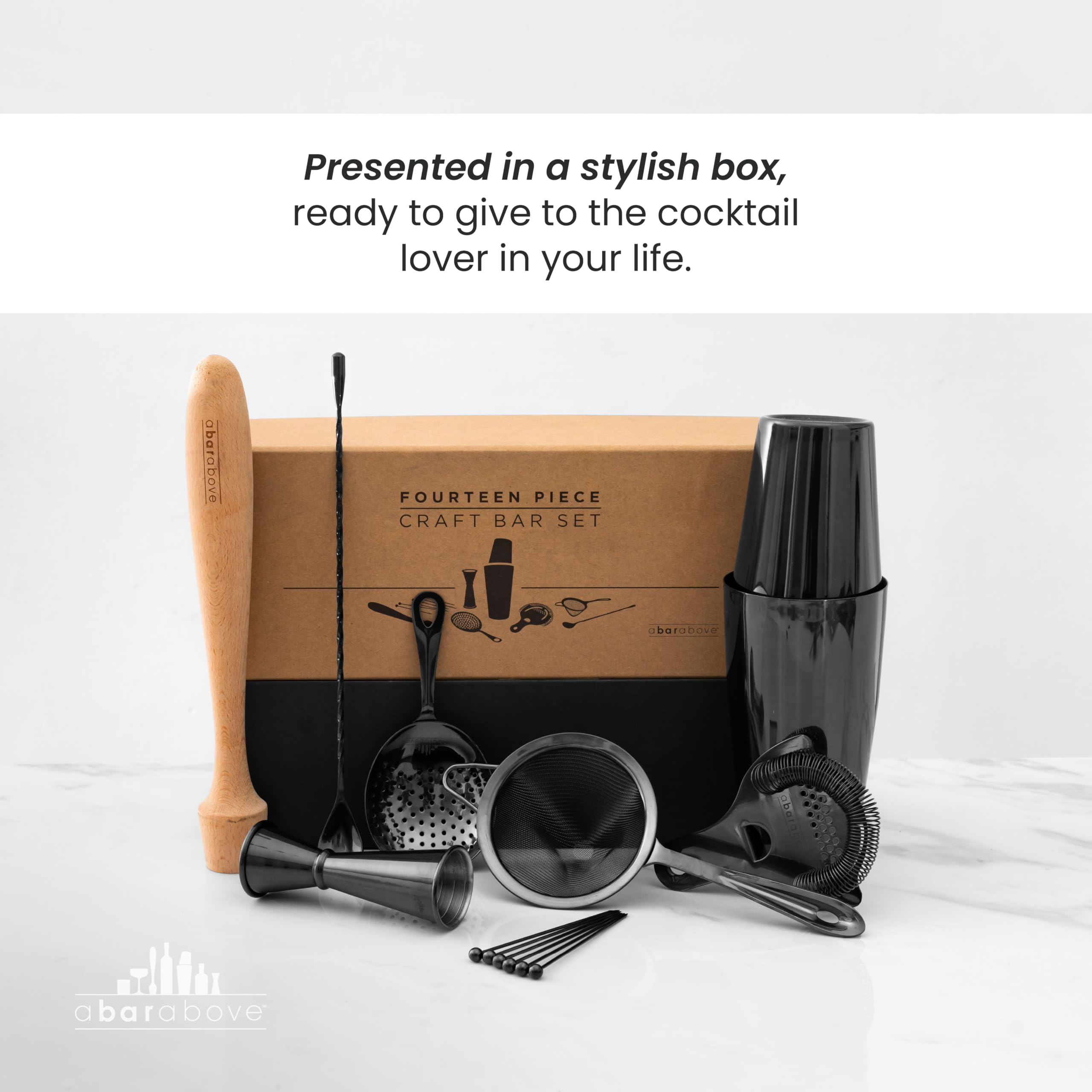 A Bar Above 14-Piece Stainless Steel Bartender Kit, Premium Professional Barware Set for Home Bars and Mixologists, Includes Cocktail Shaker, Jigger, Spoon, Strainers, Muddler, Picks, and More