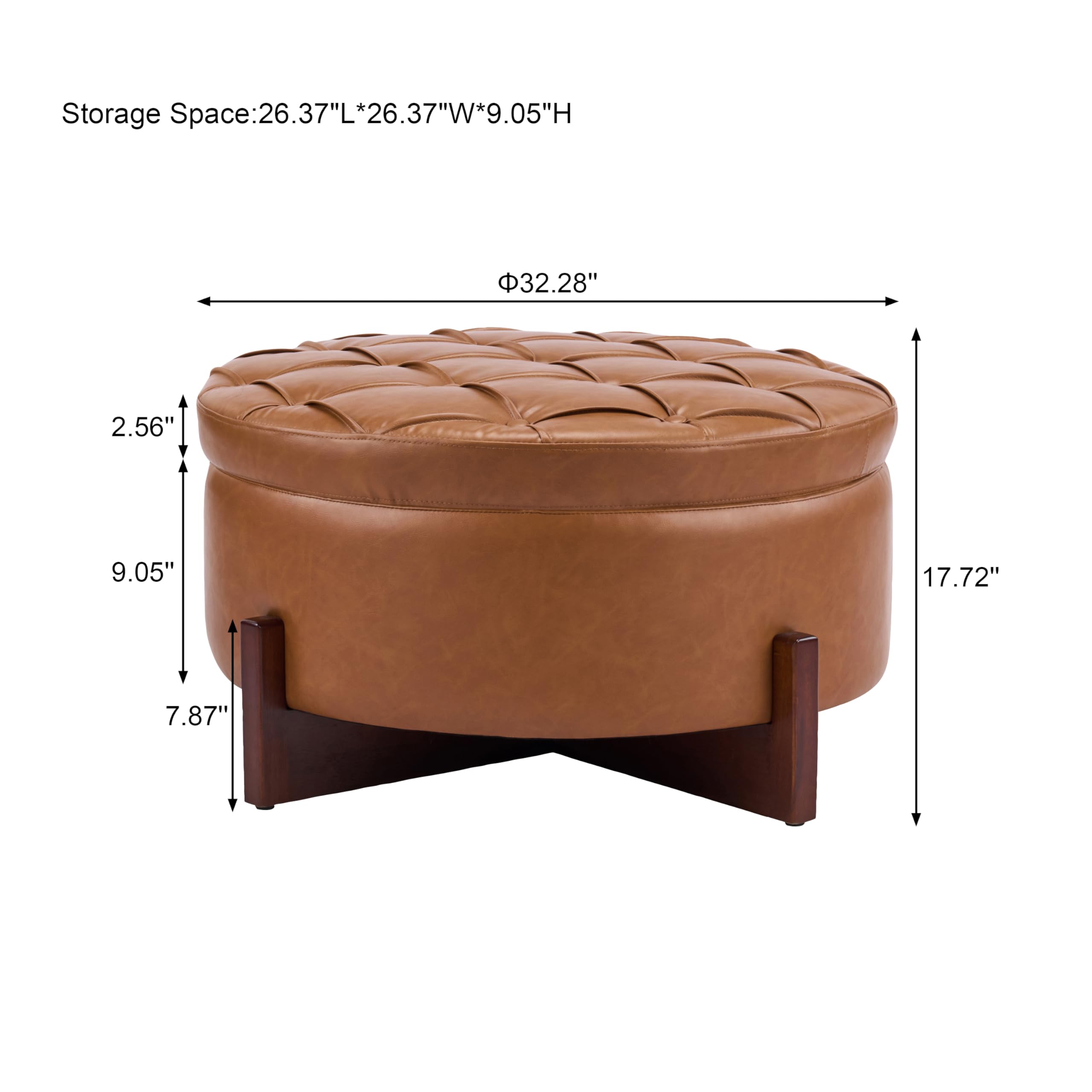 Christopher Knight Home 32" Round Storage Ottoman with Reversible Wooden Lid, Faux Leather Tufted Coffee Table, 2-in-1 Storage Ottoman, Hidden Storage Compartment, Solid Rubber Wood Base, Brown