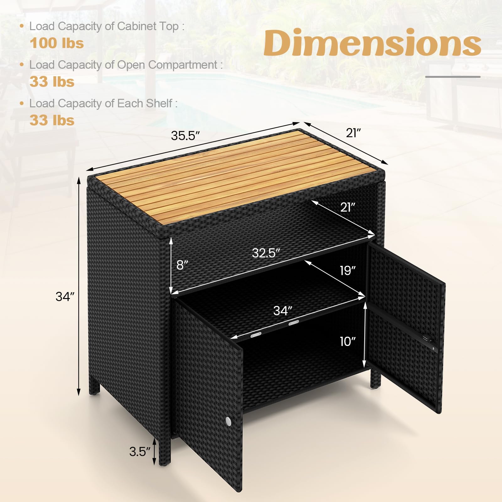 Rattan Outdoor Storage Cabinet with Acacia Wood Top