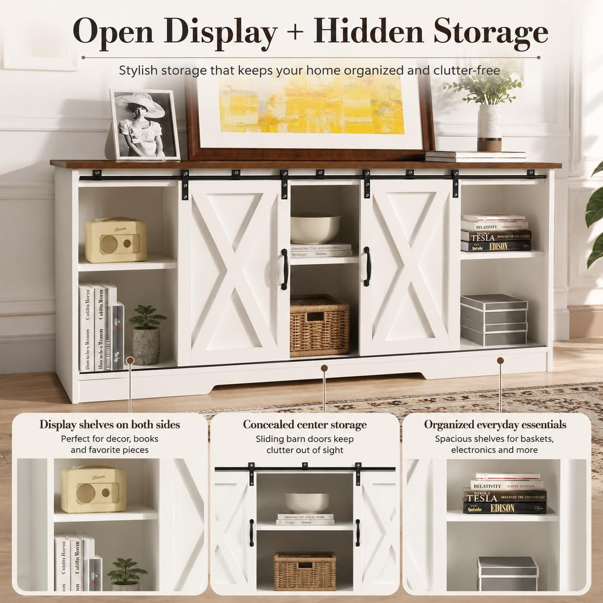 Farmhouse Coffee Bar Cabinet with Sliding Doors & Adjustable Shelves, White