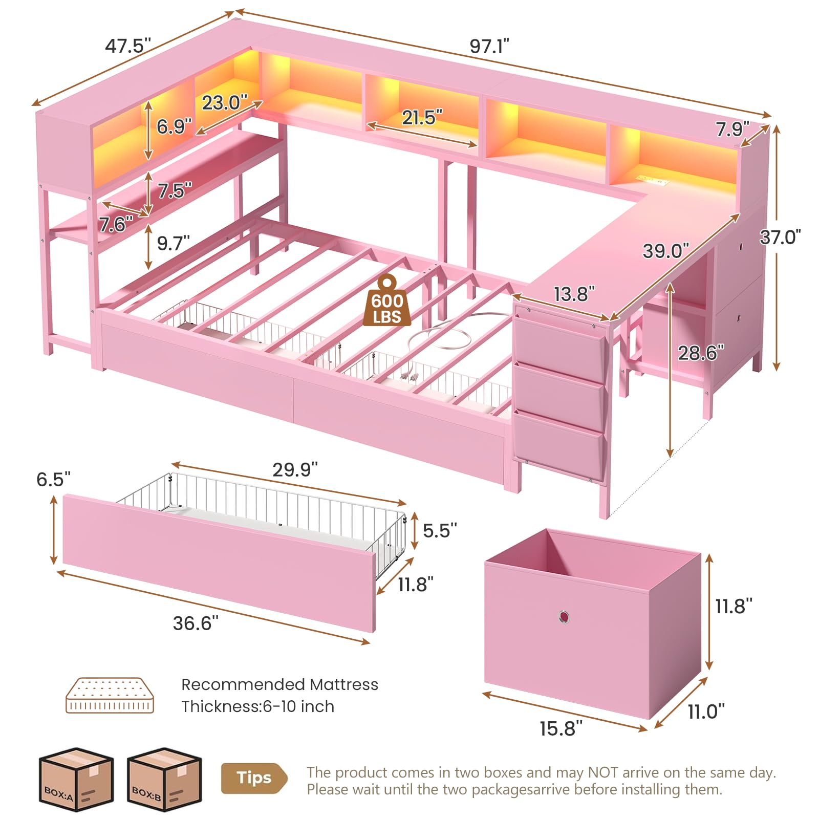 Hasuit Twin Corner Bed with Desk and Storage Bookcase, Daybed with 2 Drawers & 2 Storage Bins, Twin Size Platform Bed Frame with Charging Station and LED Light, Modern Teenagers Bedframe, Pink