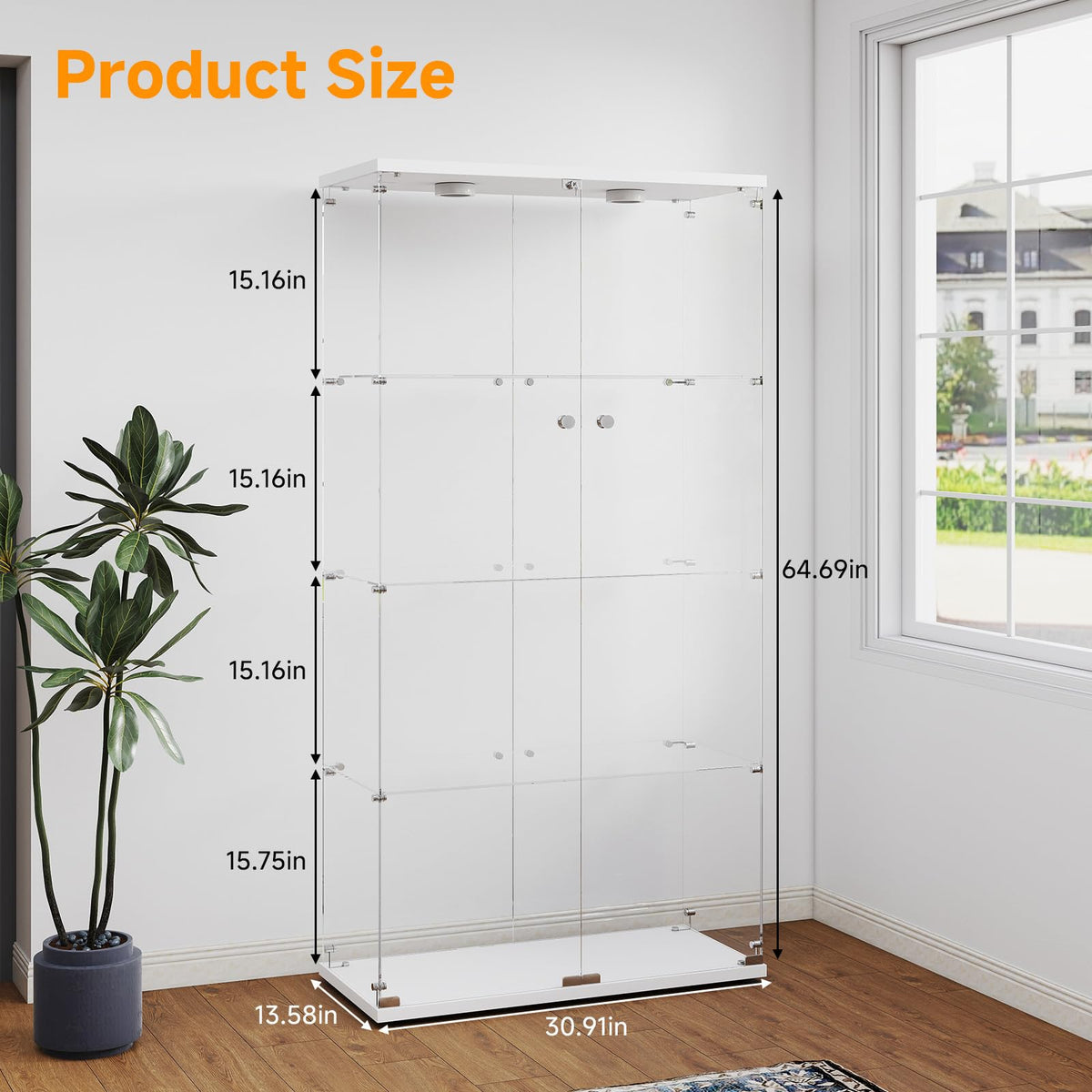 Zevemomo Glass Display Cabinet 4-Tier with Lights, Double Door, White