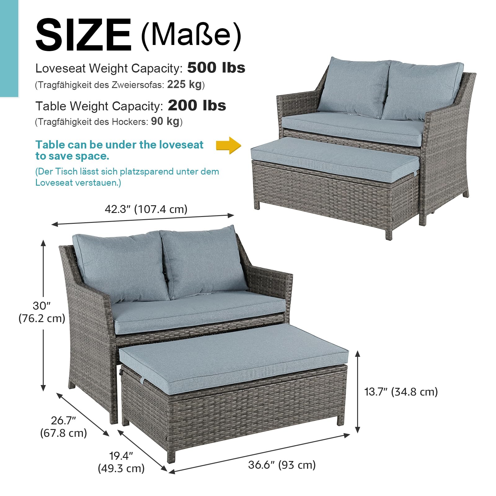 2-Piece Outdoor Wicker Loveseat & Coffee Table Set with Storage