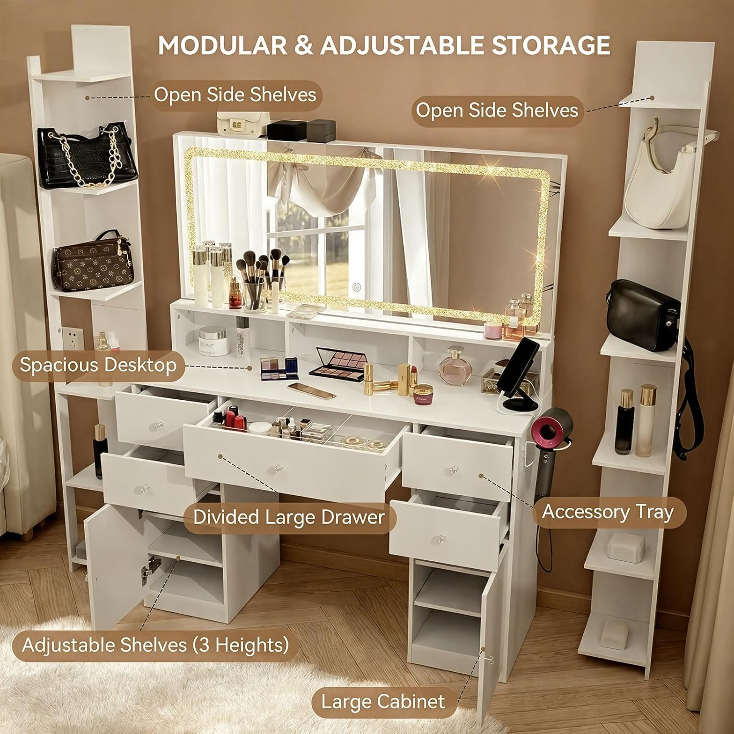ZIMASYA Makeup Vanitys with Extra Large Mirror & Lights,45" Vanity Desk with 2 Side Shelves & Adjustable Brightness 3 Color Crystal Sparkle LED,Charging Station,26 Storage Areas for Girls Women White