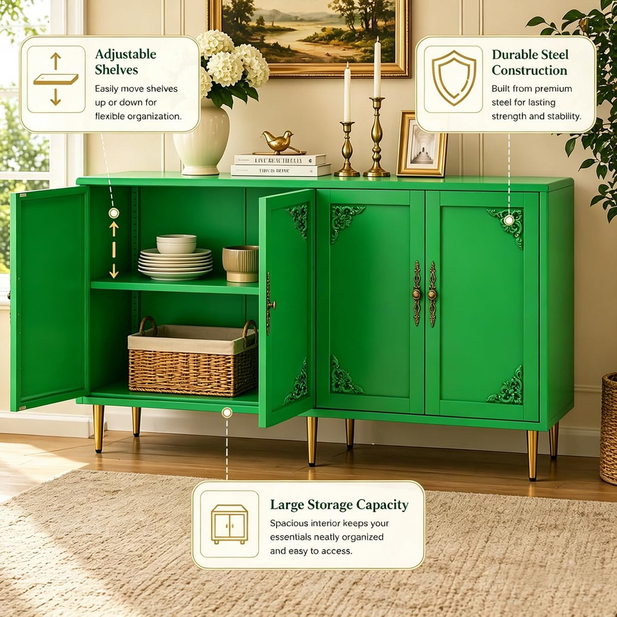 AUN Green Metal Cabinet, Sideboard Buffet Cabinet, TV Stand Cabinet