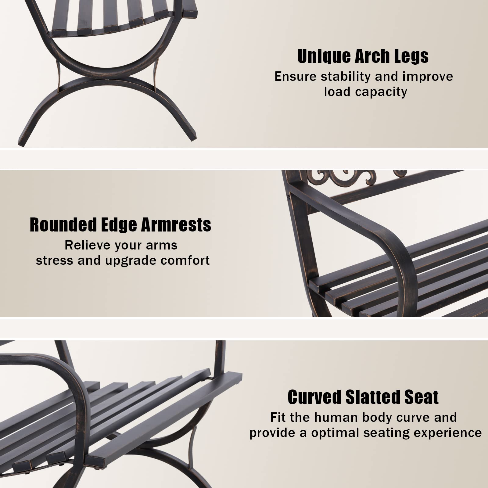 MFSTUDIO 50 Inches Outdoor Garden Bench, Cast Iron Metal Frame Patio Park Bench with Floral Pattern Backrest, Arch Legs for Porch, Lawn, Yard-Bronze