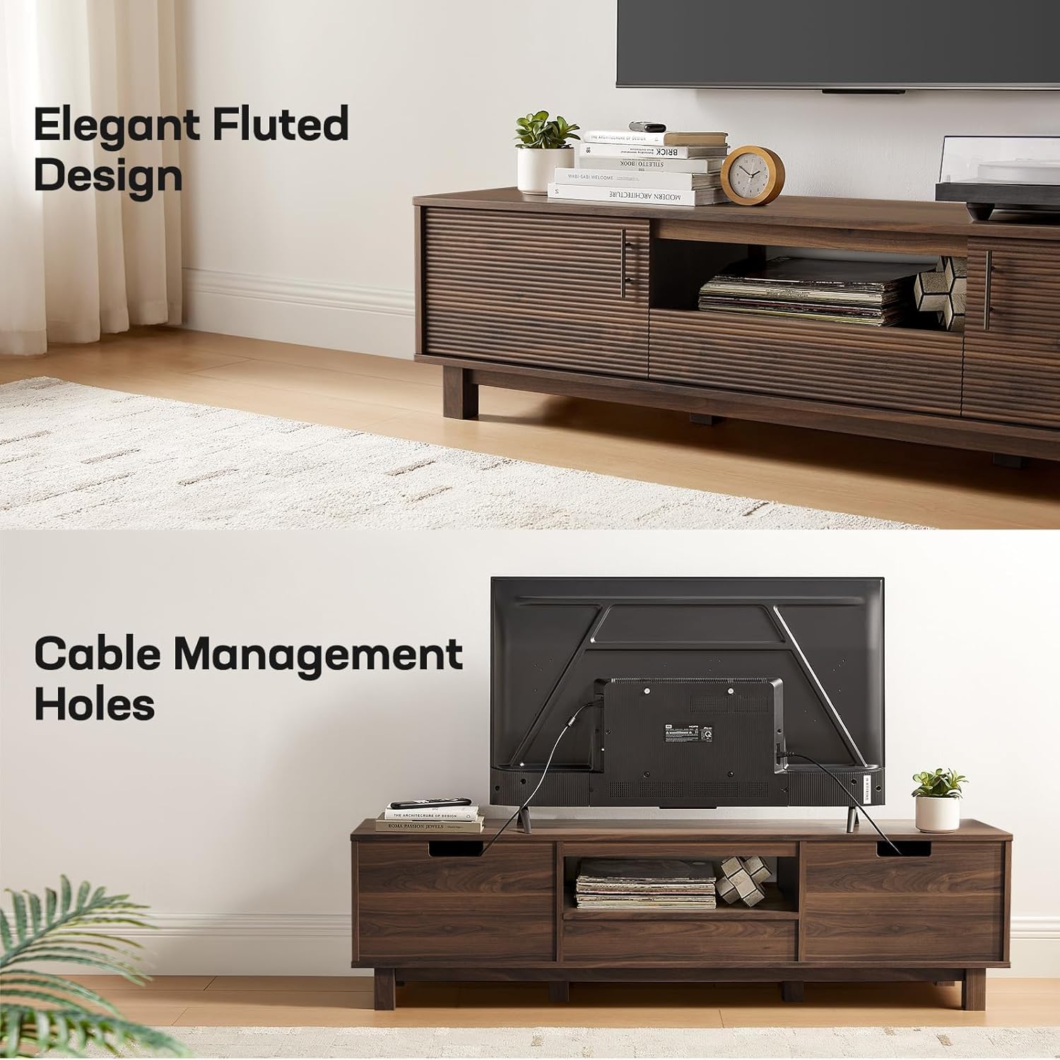 Amada 58" TV Stand for TVs up to 65 Inch, Fluted Entertainment Center with Storage Cabinets and Drawer, Mid Century Modern TV Console for Living Room & Bedroom, Walnut