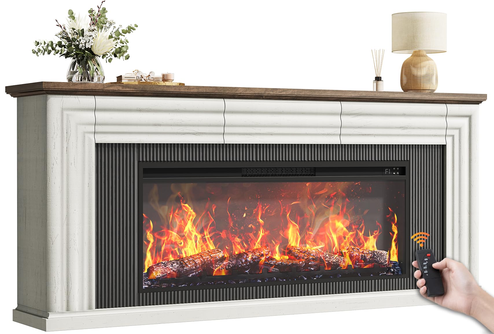 PRAISUN 70 Inch Fireplace TV Stand for 75 Inch TV, Farmhouse Modern Entertainment Center with 42" Fireplace, Fluted Design Media Console with 3 Drawers, for Living Room, White