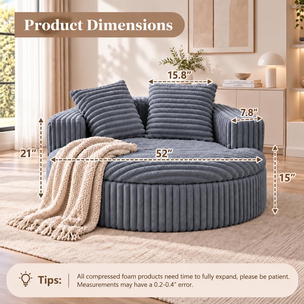 YDN 52" Oversized Round Boneless Chair, Corduroy Reading Lounge Chair, Gray