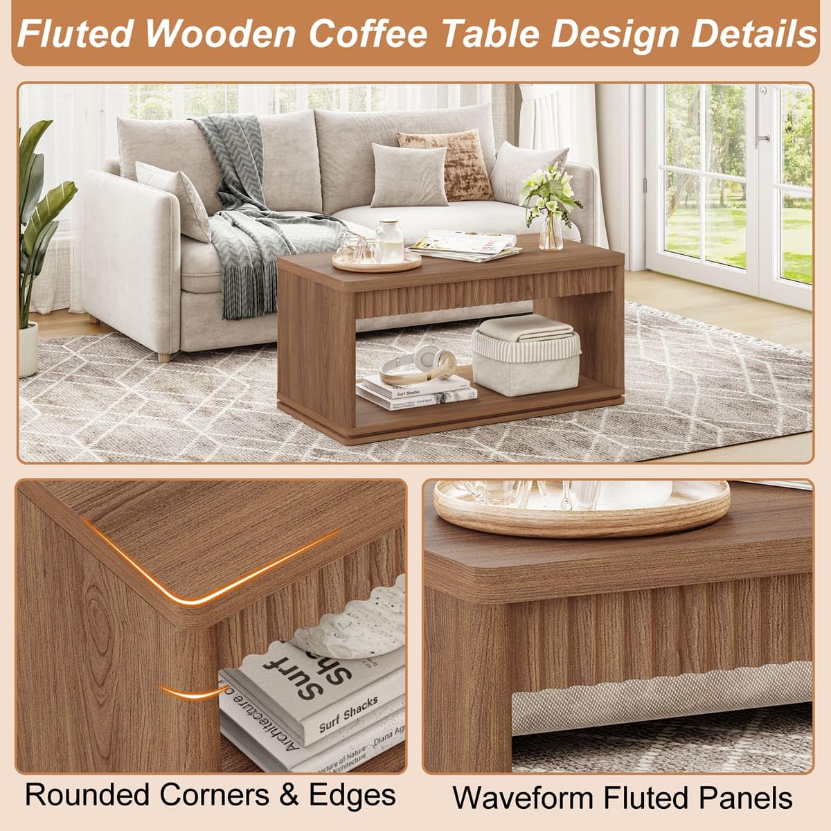 FATORRI Coffee Table with Storage Shelf, 2-Tier Wood Coffee Tables, Farmhouse Rectangular Living Room Center Table with Fluted Panel (Walnut)