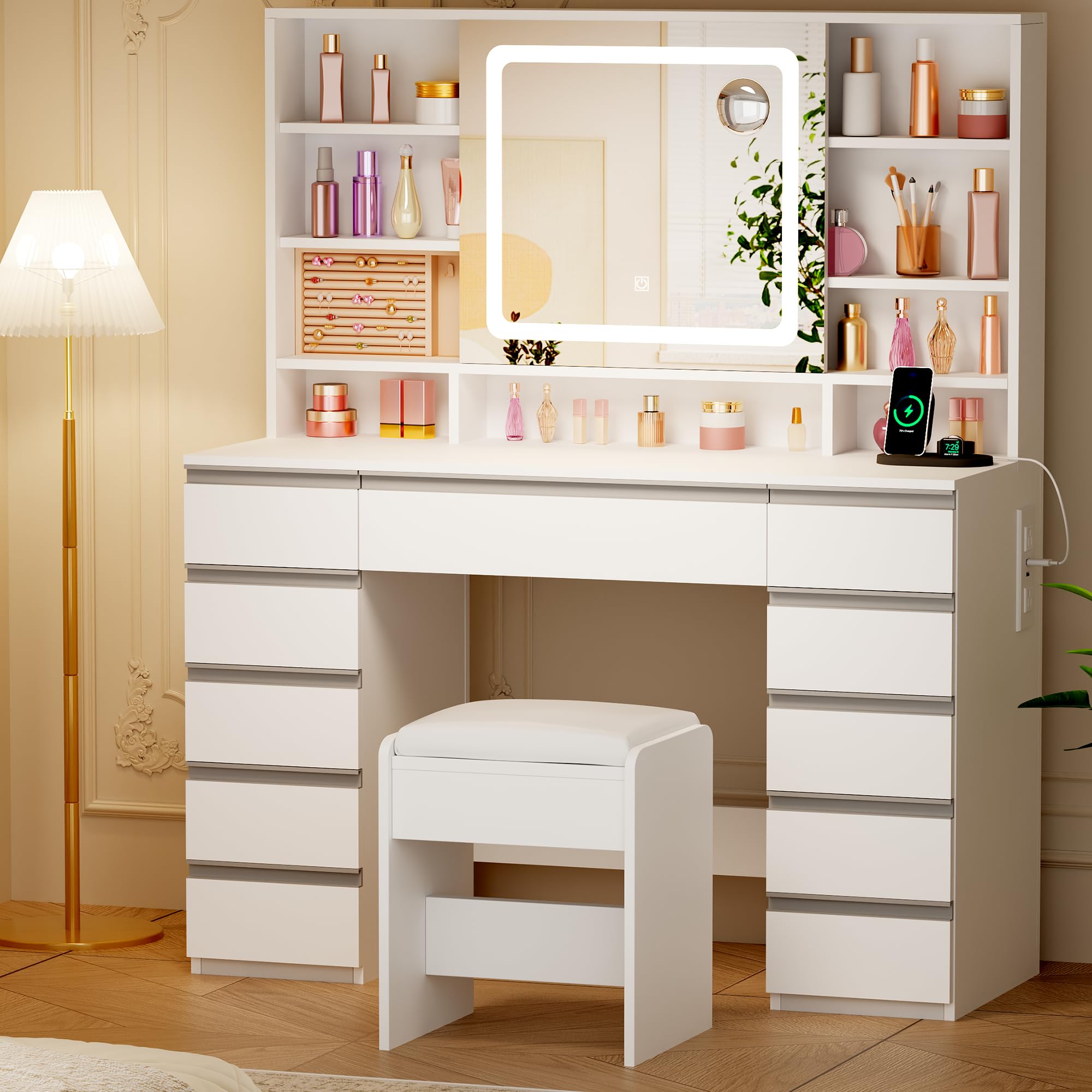 ANWBROAD 43'' Large Vanity Desk with Sliding Mirror and Lights, Makeup Vanity Table with Jewelry Organizer,11 Drawers,6 Shelves, 3Color Lights Makeup Desk with Stool and Power Outlet for Girls UBDT98X