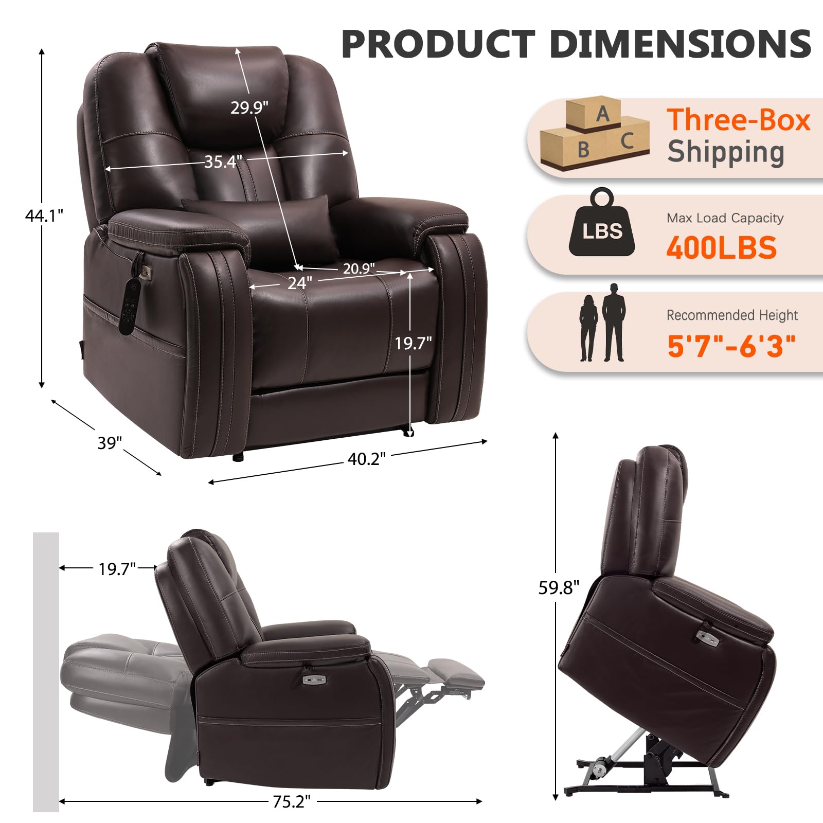 EONIX Triple Motor Lay Flat Power Lift Recliner Chair for Elderly with Adjustable Headrest, 400lbs Electirc Lift Chair for Living Room, Lumbar Pillow, Extended Footrest, Dark Brown