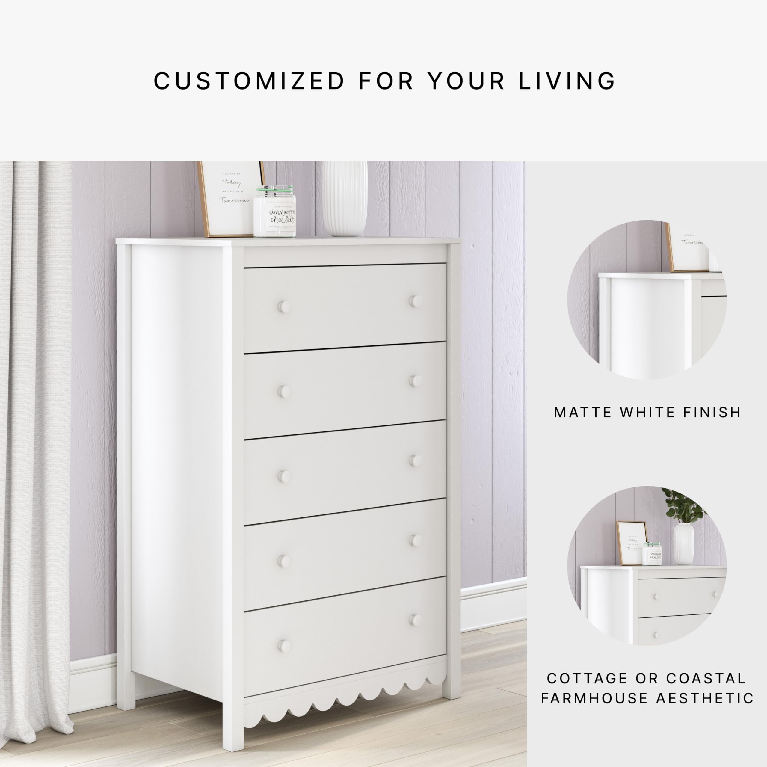 Signature Design by Ashley Hallityn Casual Coastal Chest with Five Smooth-Gliding Drawers, Meets ASTM International Safety Standards, Matte White Finish