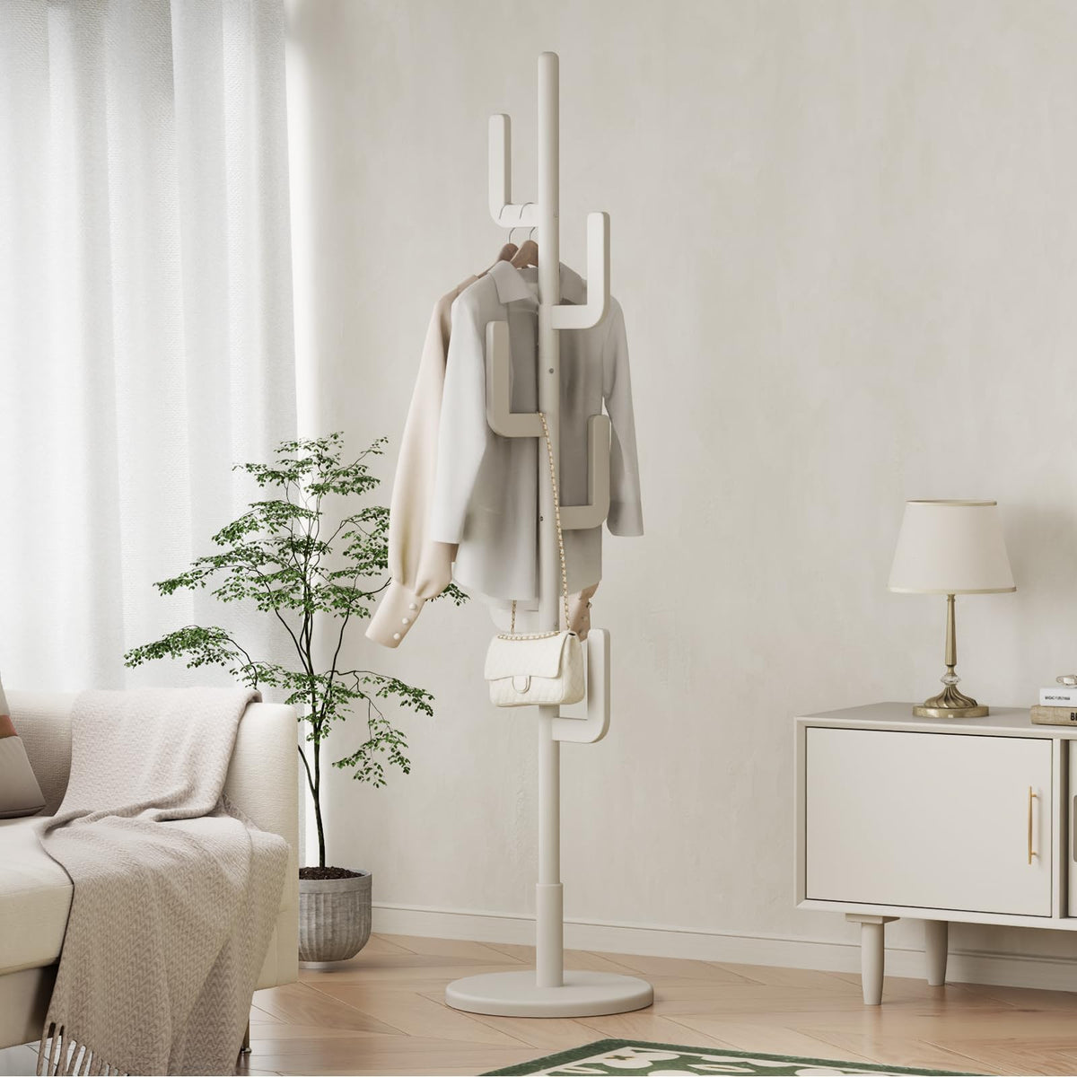 Muwuele Solid Wood Cactus Coat Rack, Freestanding Coat Rack With 6 L-Shaped Hooks and 3 Adjustable Sizes, Coat Tree for Bedroom, Entryway, Livingroom, Coat Hanger Stand for Coats, Handbags (White)