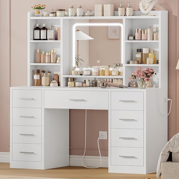 9-Drawer Vanity Desk with LED Mirror