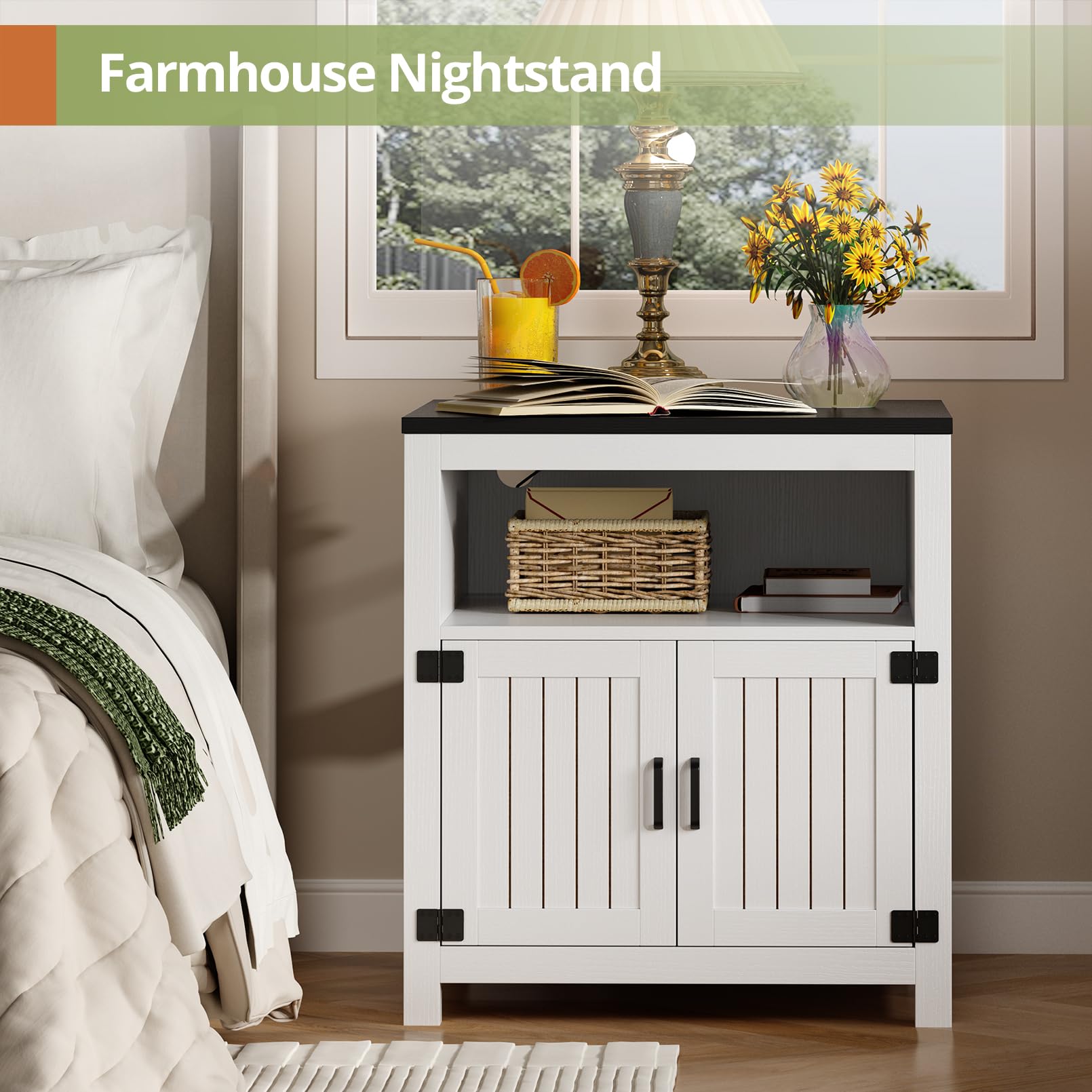 AesthLife End Table with Charging Station, 23.6''W Large Sofa Side Table with Barn Door, Farmhouse Nightstand for Living Room, Bedroom