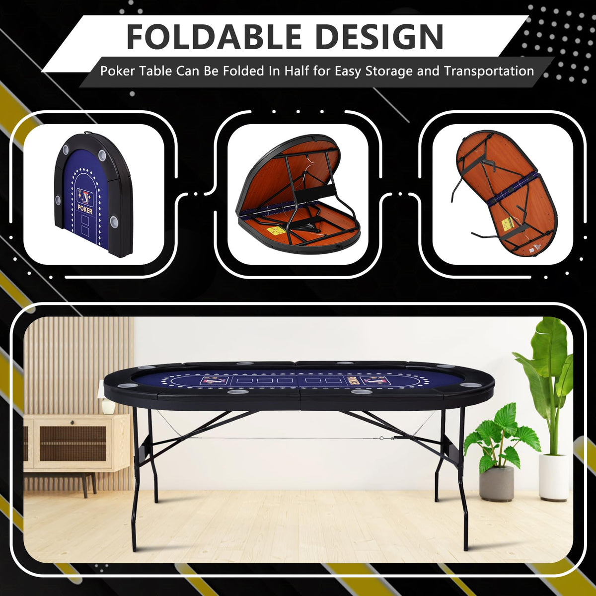 RAYKEEP Foldable Poker Table for 8 Players, 71" Texas Hold'em Casino Table