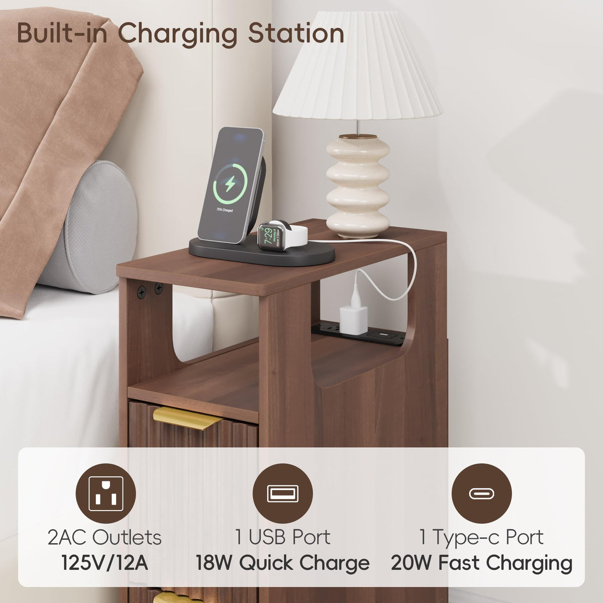 JUSTOGO Narrow Nightstand Set of 2, Fluted End Table with Charging Station