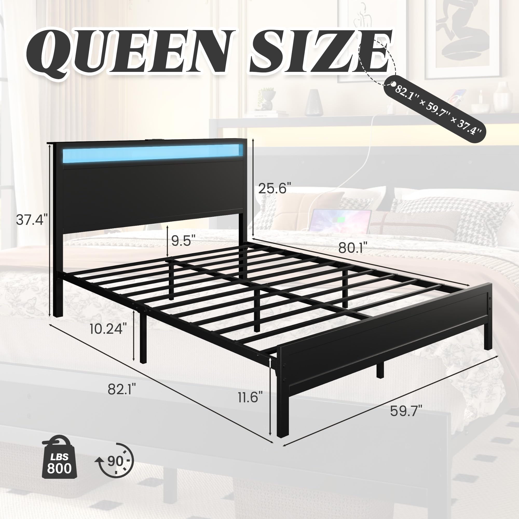 Queen Bed Frame with LED Headboard & Built-in Charging Station